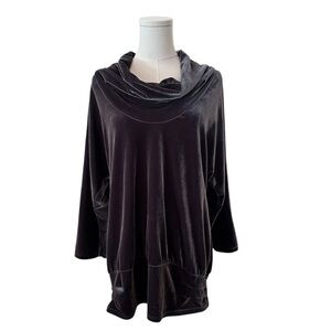 Women's Large Velvet Dark Grey Stretch Cowl Neck Relaxed Soft Cozy Goth Sweater